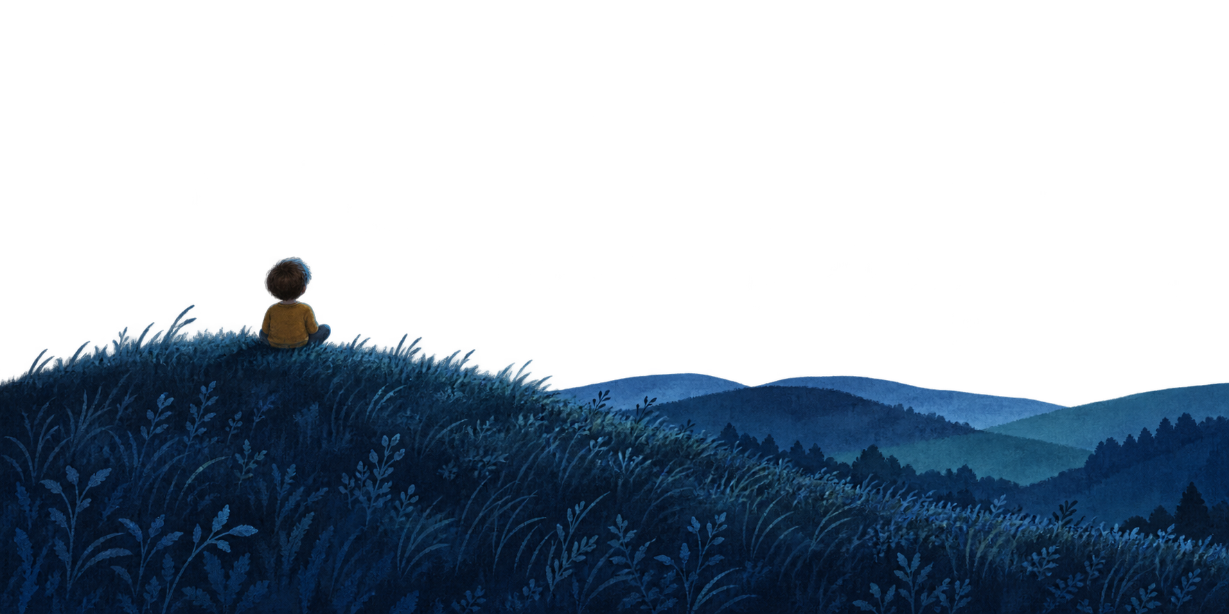 A small child sitting on a blue grassy hill, looking up at the sky.